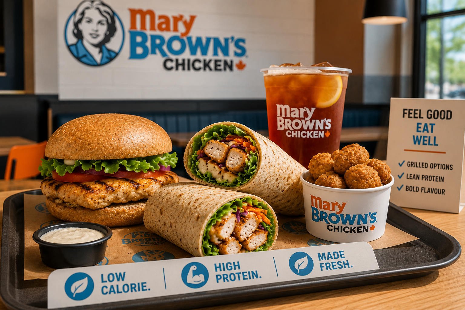 Low-calorie, high-protein Mary Brown’s Chicken meal options on a tray, including a grilled chicken sandwich, chicken wraps, chicken bites, iced tea, and dipping sauce inside a Mary Brown’s restaurant.
