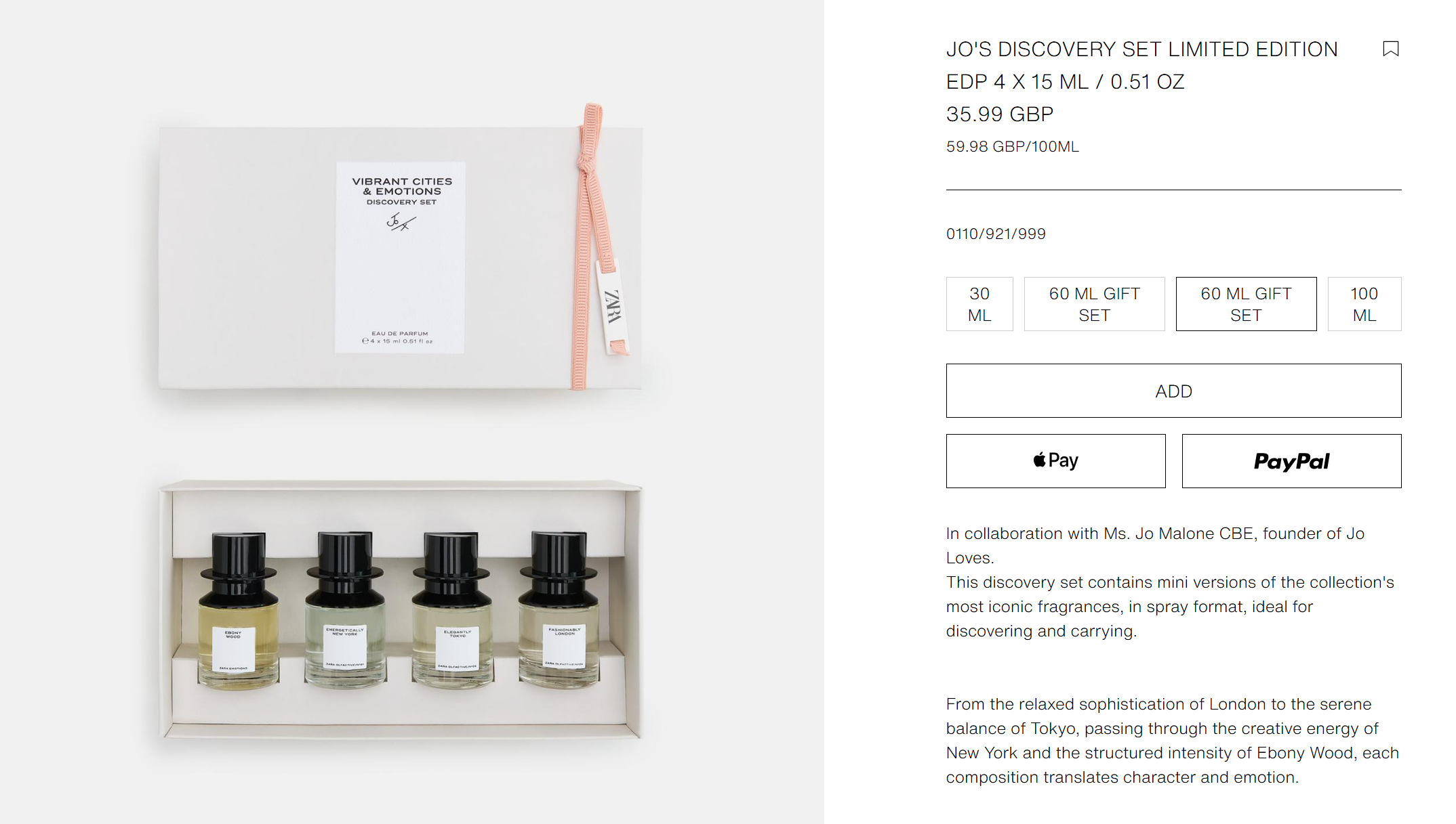 Zara Collection with Jo Malone discovery set of fragrances