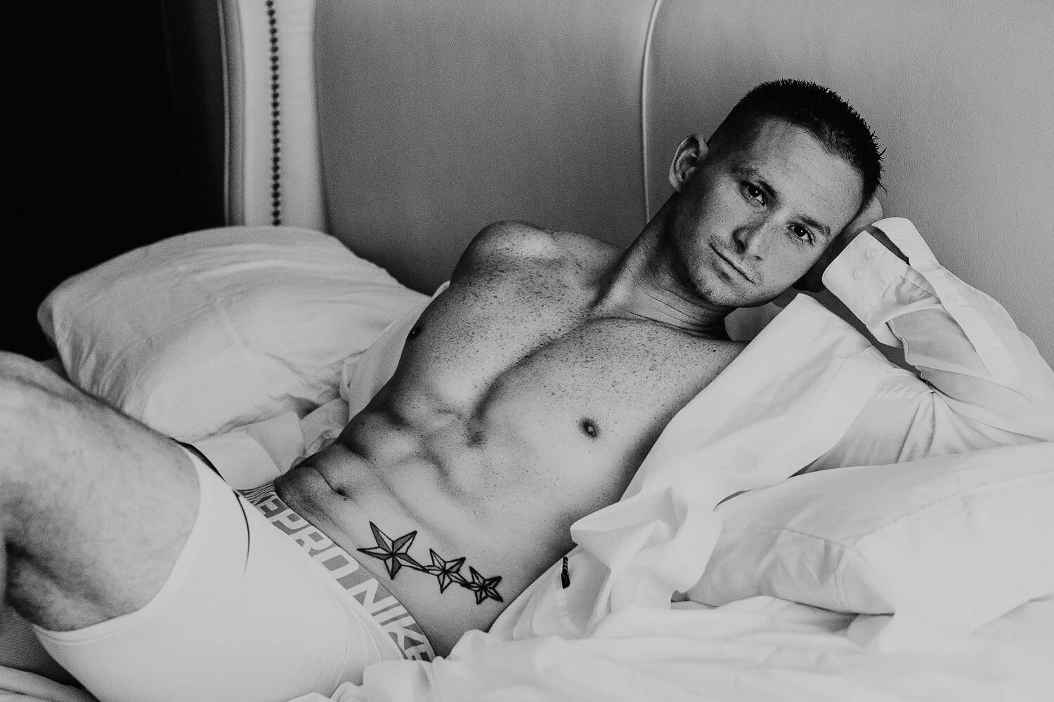 Mens boudoir in white button down shirt and boxer briefs