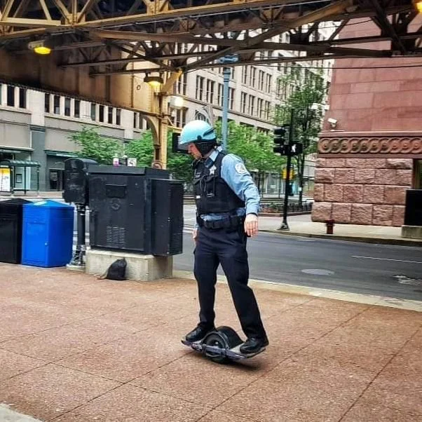 This was my 1st time ever riding a @onewheel ⚫️ This was two weeks after the initial riots downtown Chicago in 2020. We were assigned in small groups to specific corners weeks after the mayhem. It was like a ghost town in the city after what happened