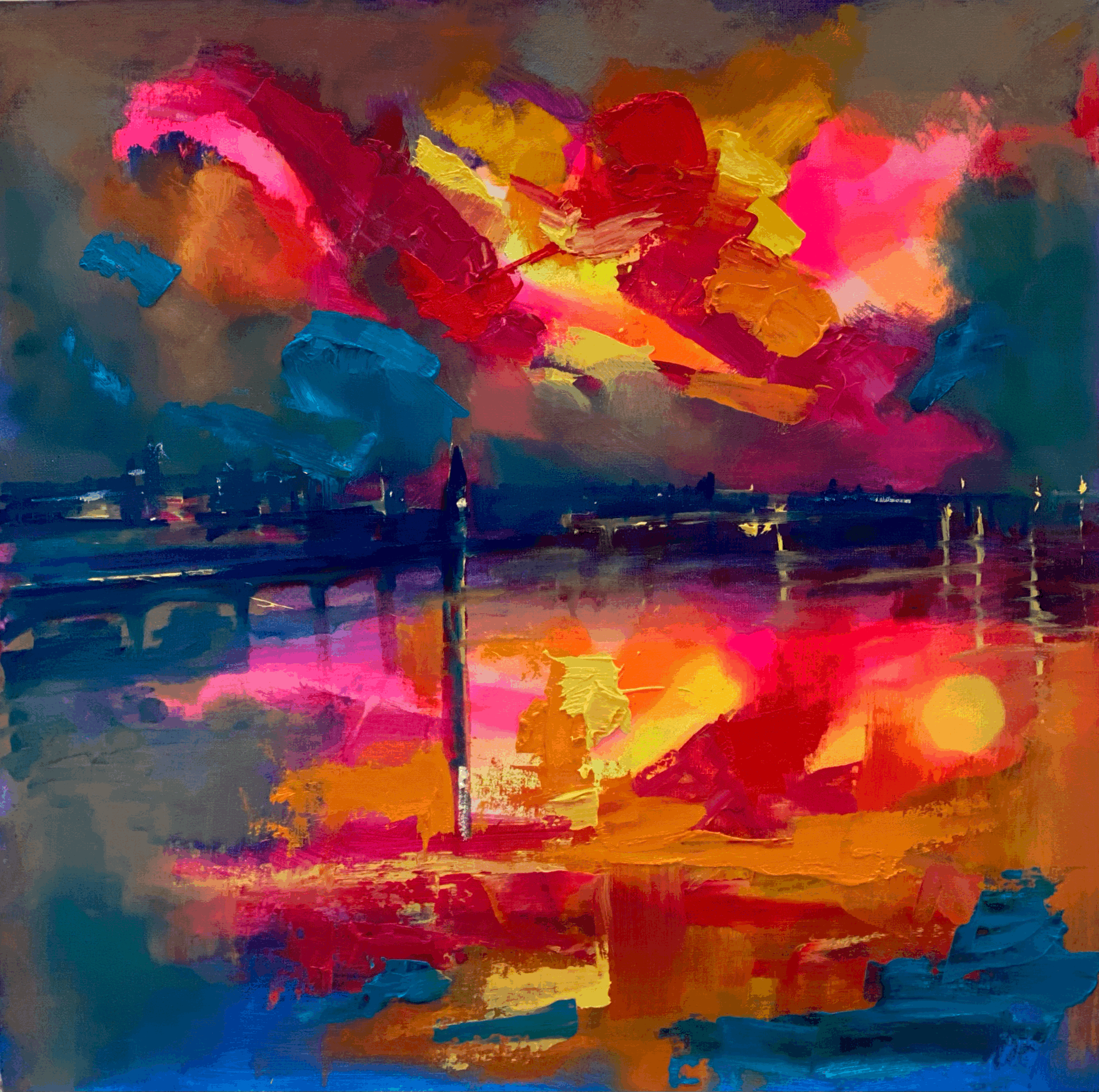 Vibrant Reflections: Big Ben Semi-Abstract Canvas