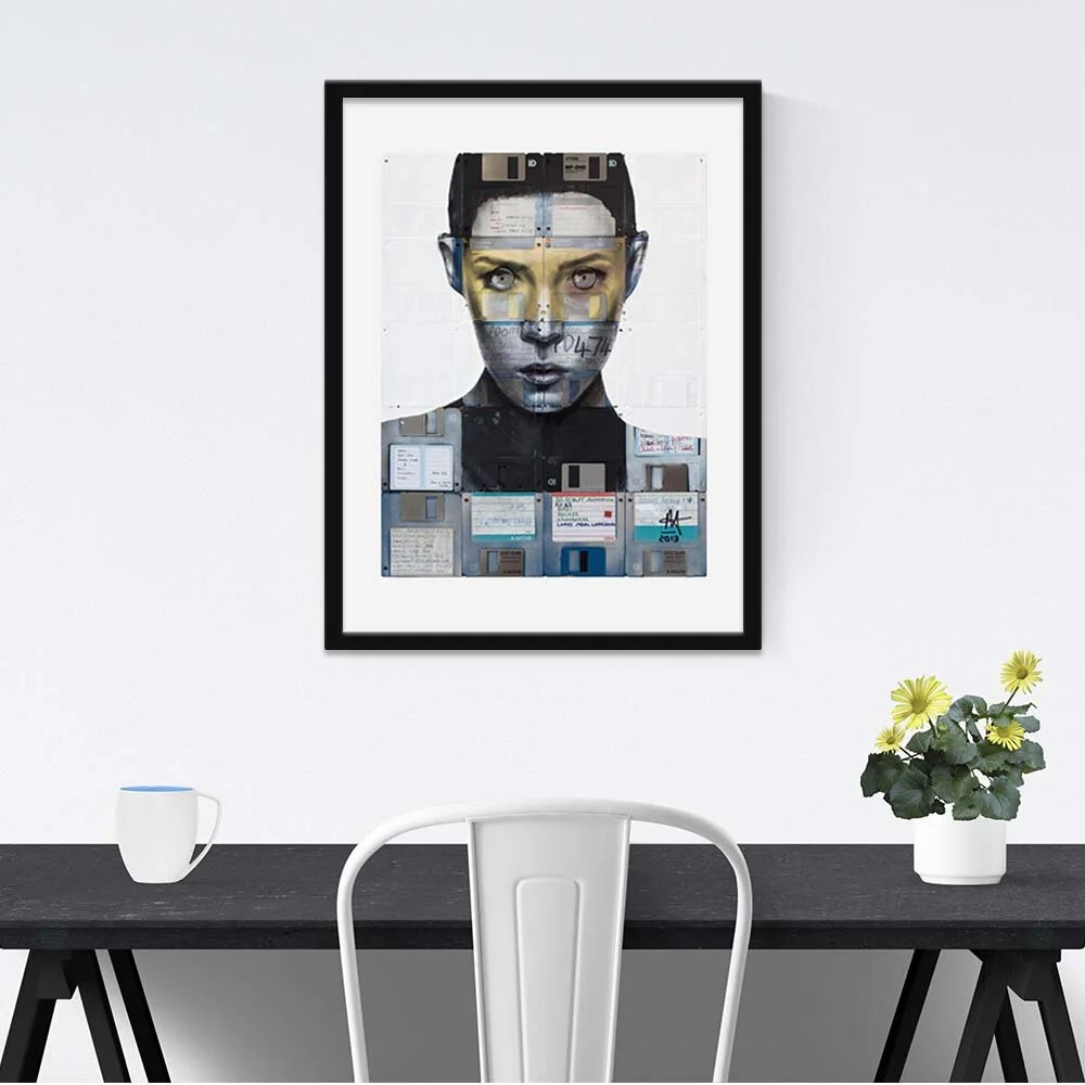 'Invader' floppy disk art on the wall