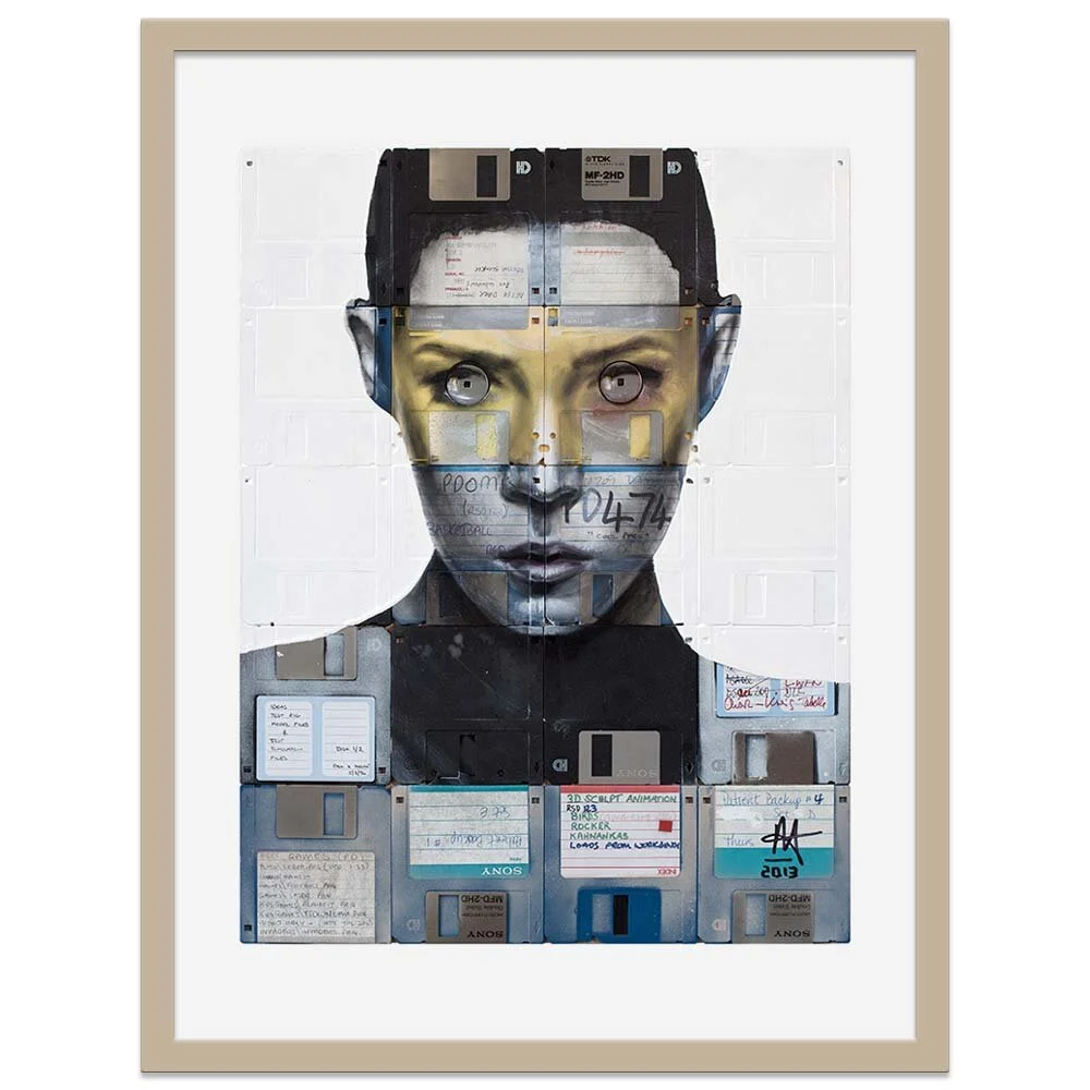 'Invader' floppy disk art in wood frame