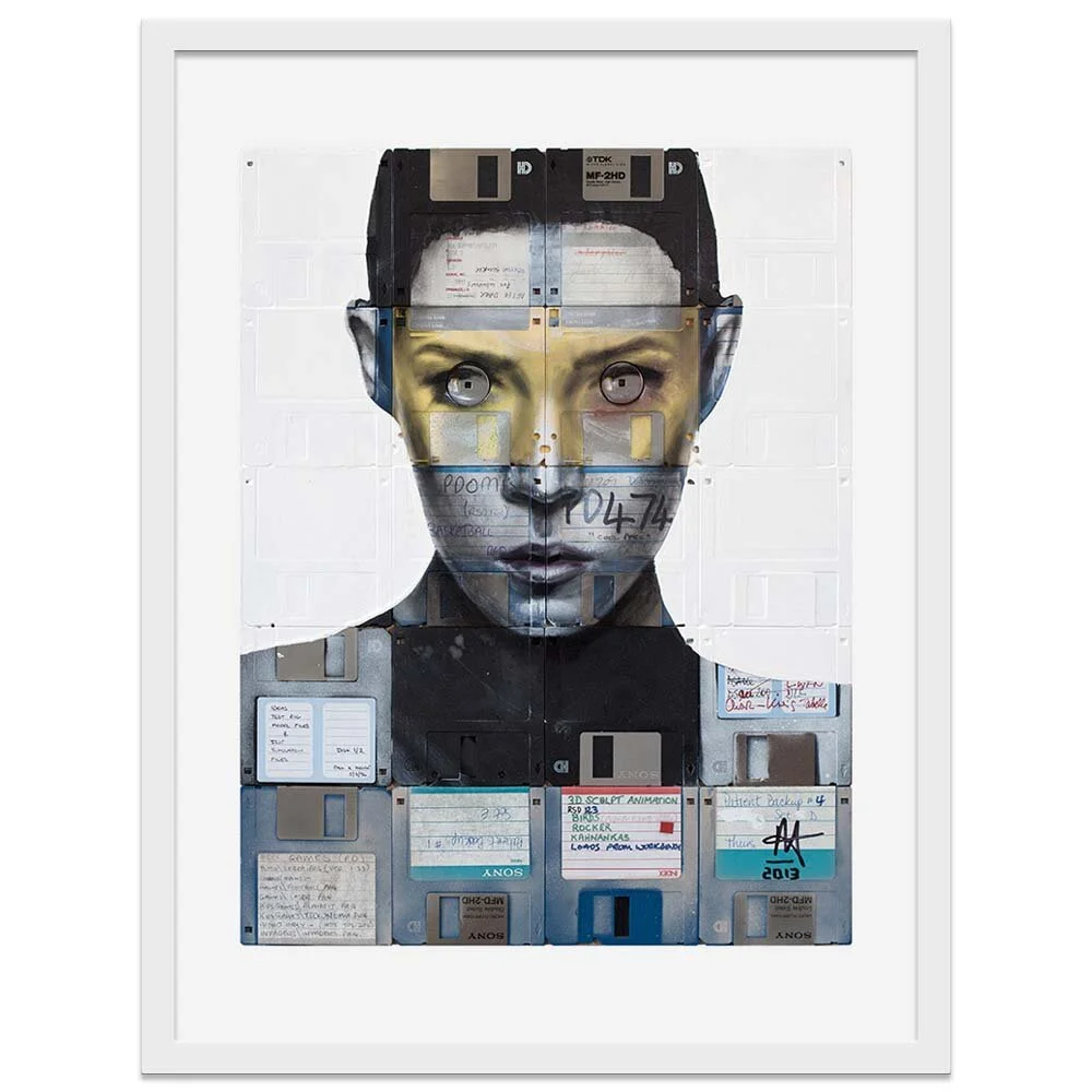 'Invader' floppy disk art in white frame