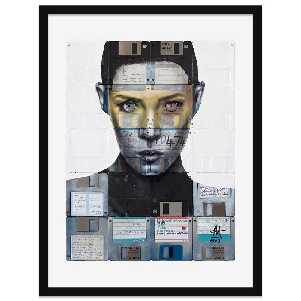'Invader' floppy disk art in black frame