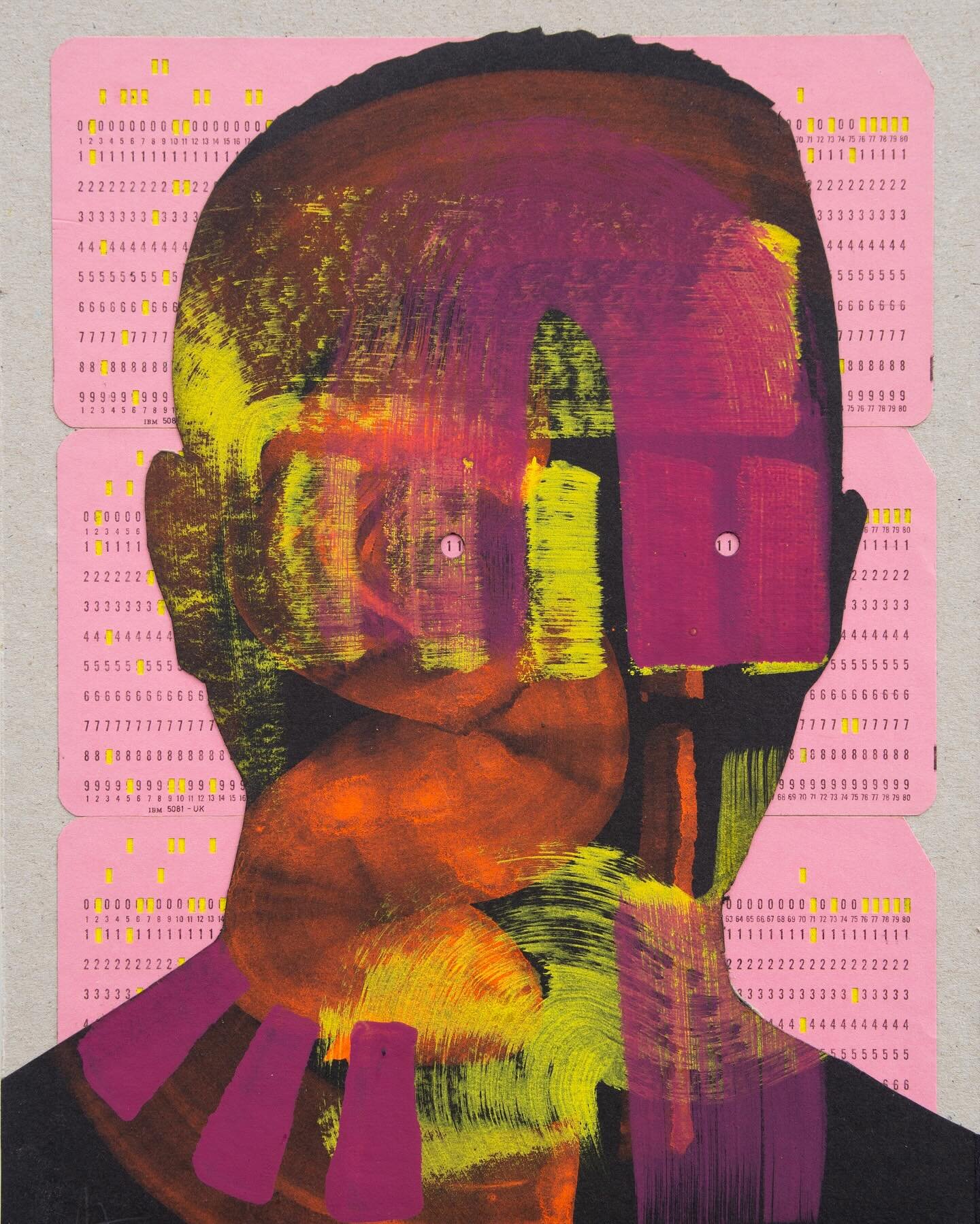 &lsquo;Amused&rsquo;
2023. Gouache on used computer punchcards 
#art #collage #portraitpainting #nickgentry #nickgentryart