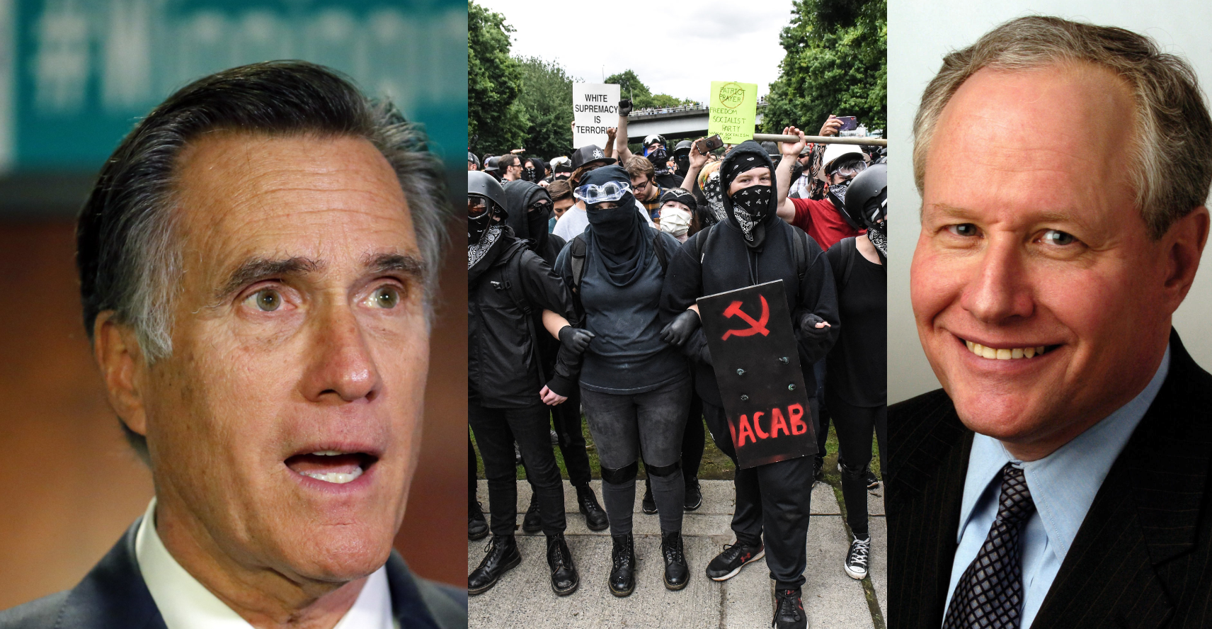 From left to right: Mitt Romney, Antifa loons, and Bill Kristol
