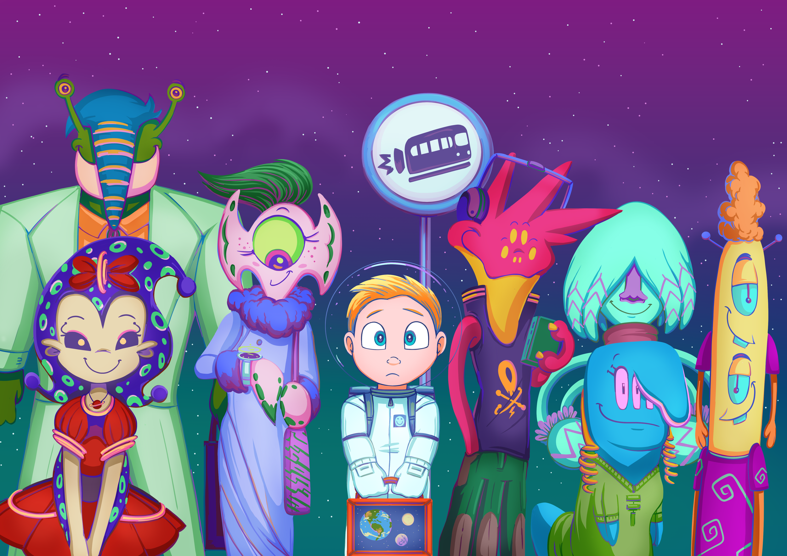 8 Kids illustration portfolio 2026 Alien Bus Stop with Confused Astronaut.png