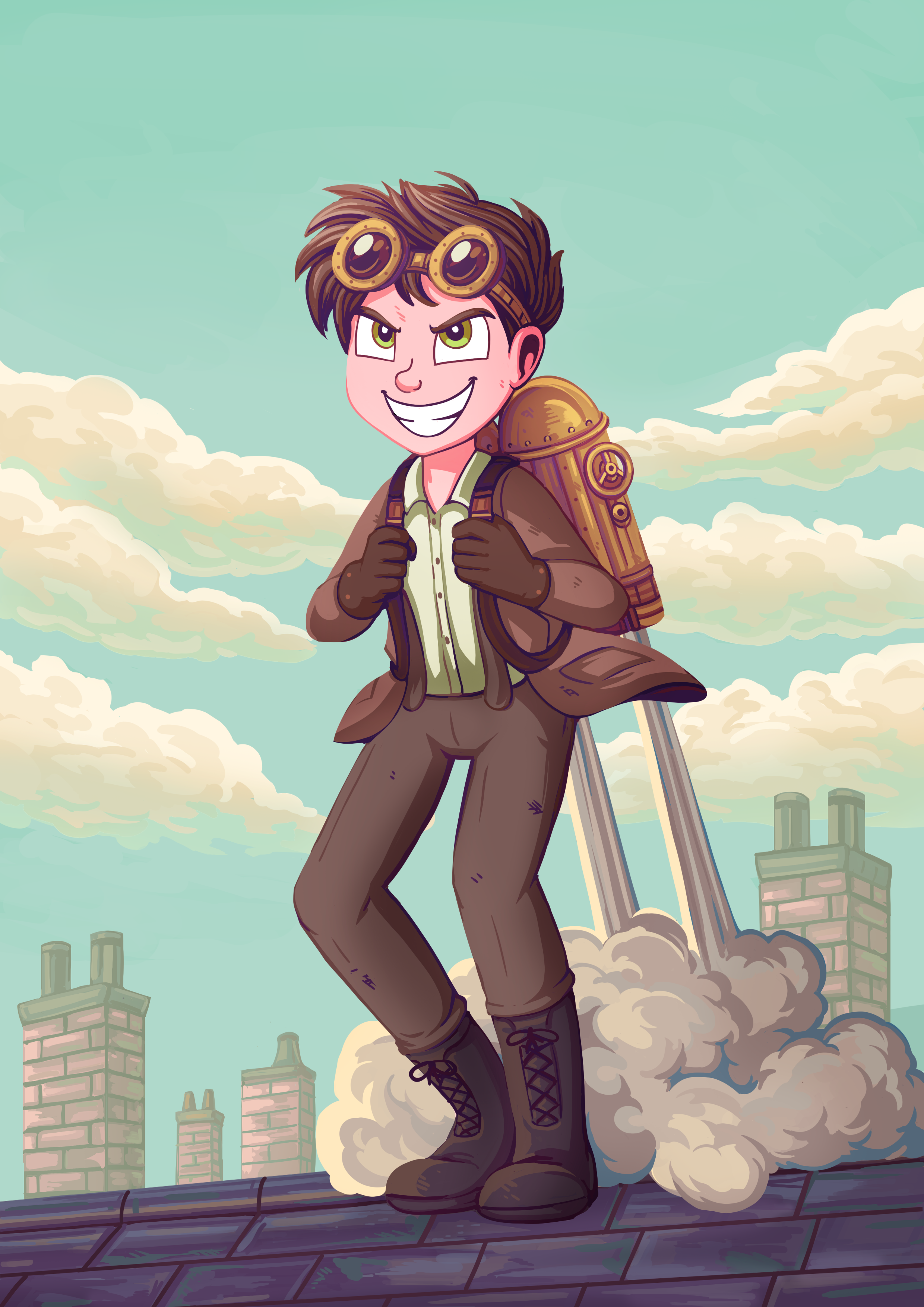 11 Kids illustration portfolio 2026  Steampunk Boy with Victorian Steam Jet Pack wip.png
