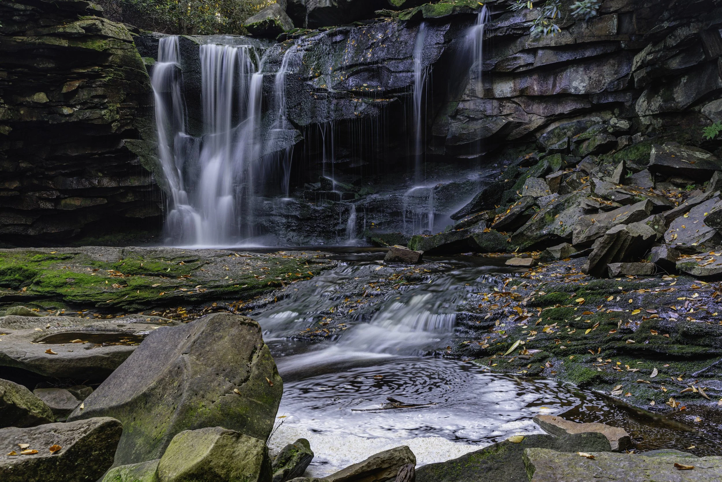 A small waterfall flowing over dark rocks into a stream, with moss and fallen leaves on rocks and water.
