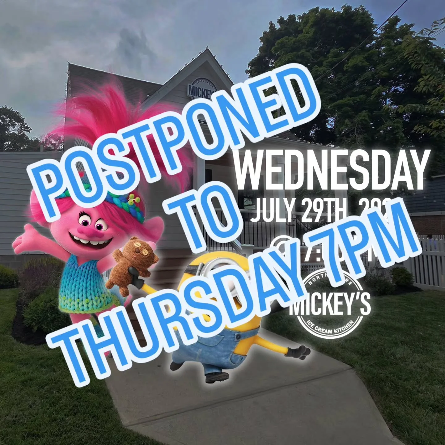 TONIGHT: Postponed to Thursday (7/30) at 7pm @mickeys_ice_cream