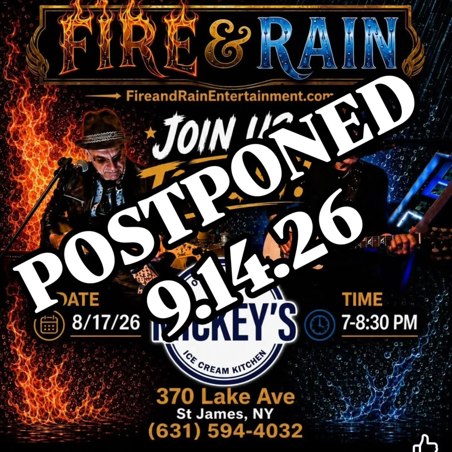 POSTPONED: Tonight's Live Music with Fire &amp; Rain will be rescheduled to 9.14.26 at 7pm on @mickeys_ice_cream patio.

Open Daily All Year
August 1-10pm