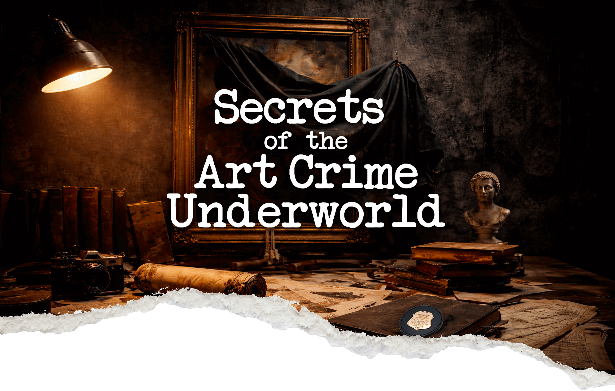 Hero image for Secrets of the Art Crime Underworld, showing a dark, cinematic scene with a veiled painting, antique books, documents, and investigative objects, evoking art theft, forgery, and the hidden art crime world.