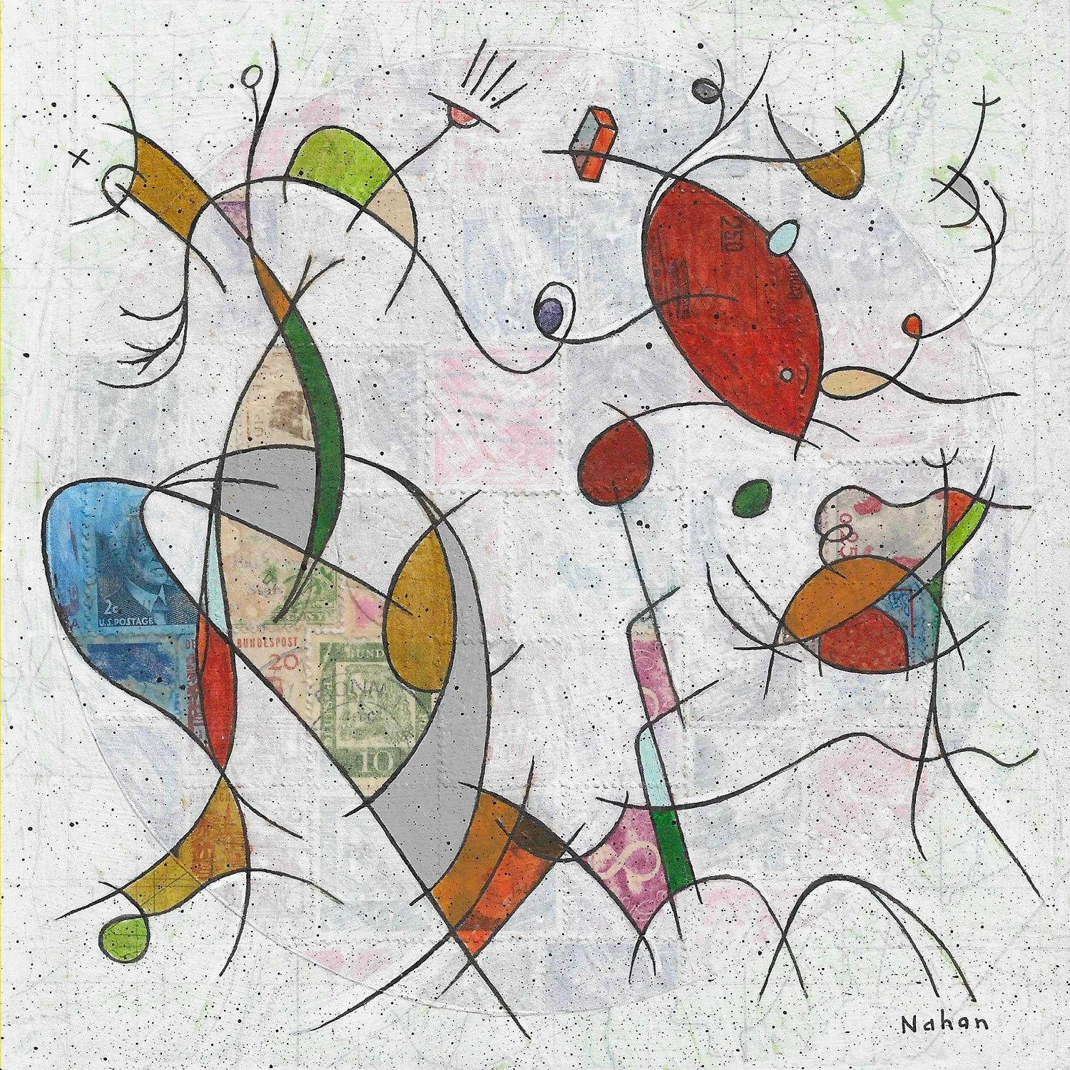  CONCORDIA MUNDI I  (7" x 7"; 10" x 10" framed) Acrylic and postage stamps on sanded map.