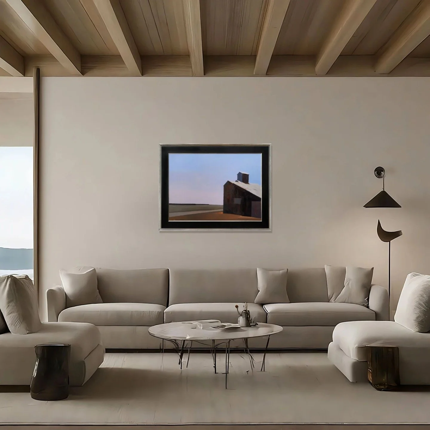 Now showing: Edge of Modern (2025) by Dean Mitchell.
A barn holds its ground beneath a lavender twilight &mdash; a quiet meditation on rural life at the threshold of change. Mitchell's realism edges toward abstraction, where structure, land, and memo