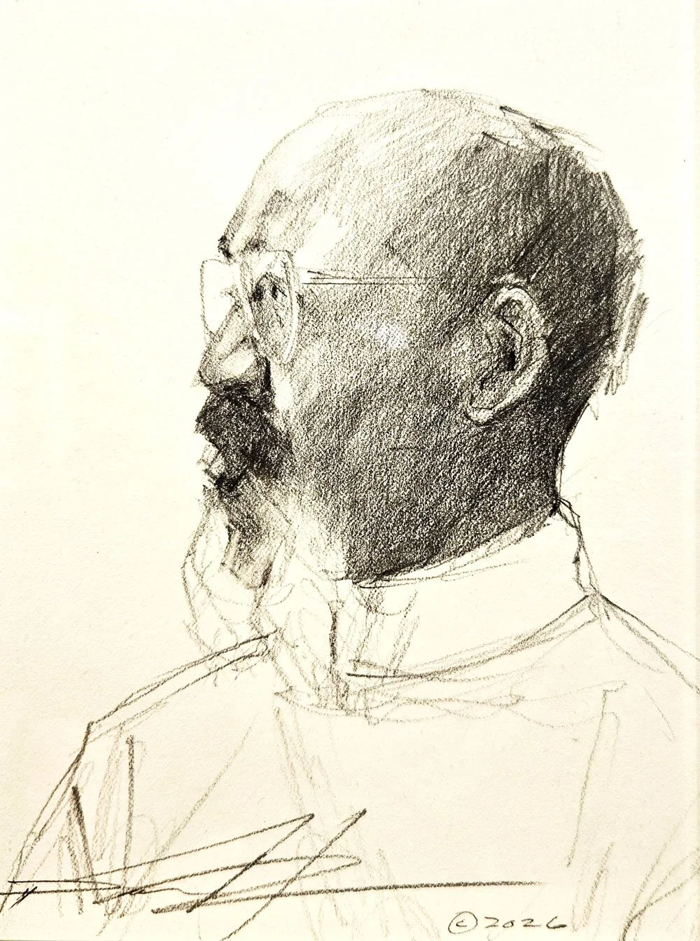  BING DAVIS  (6" x 8"; 18" x 16" framed)
 Pencil. 2026.