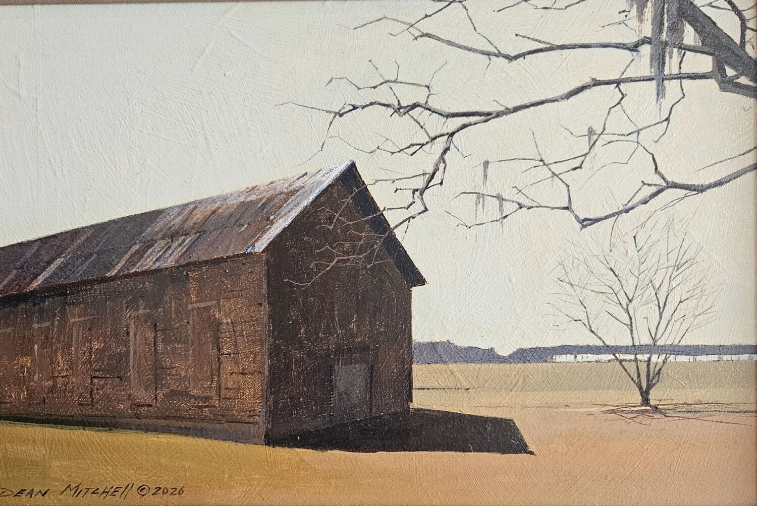  TOBACCO BARN  (10" x 15"; 14½" x 19½" framed)
 Acrylic. 2026.