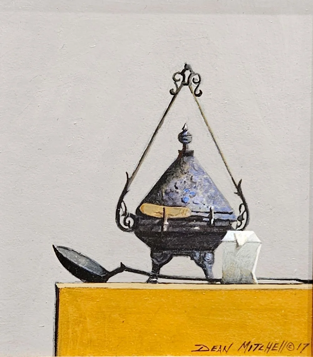  BUTTER DISH, SPOON & TEA  (7" x 6½"; 13⅛ " x 12" framed)
 Acrylic on panel. 2017.