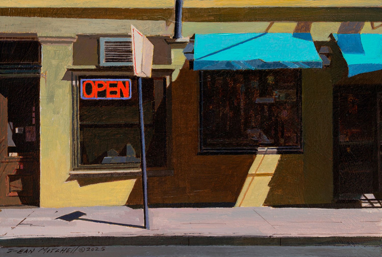  WE'RE OPEN  (10" x 15"; 15¼" x 20" framed)
 Acrylic on panel. 2025.