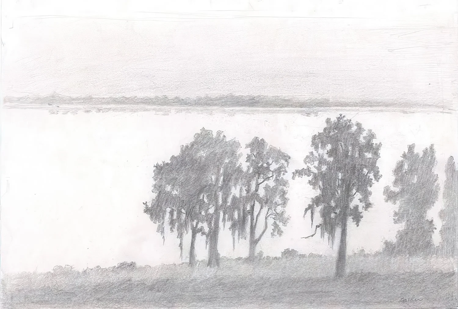 Morning Fog  (6½" x 9"; 13½" x 19" framed)
 Pencil