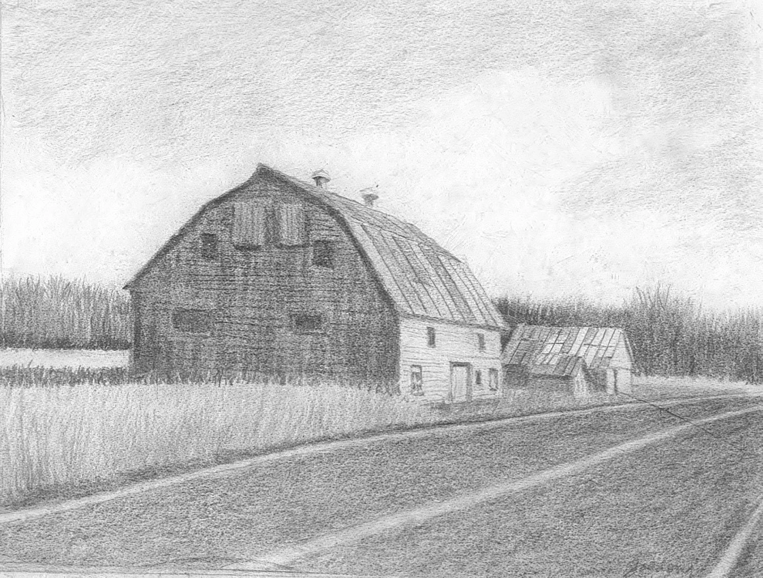 Sunlight on the Barn  (5" x 7"; 12½" x 14" framed)
 Pencil