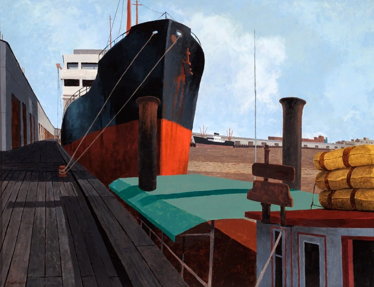 Rolland Golden acrylic painting Port of New Orleans depicting Mississippi River shipping activity.