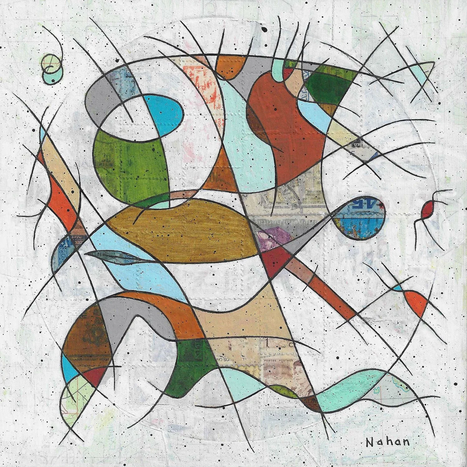  CONCORDIA MUNDI VII  (7" x 7"; 10" x 10" framed) Acrylic and postage stamps on sanded map.