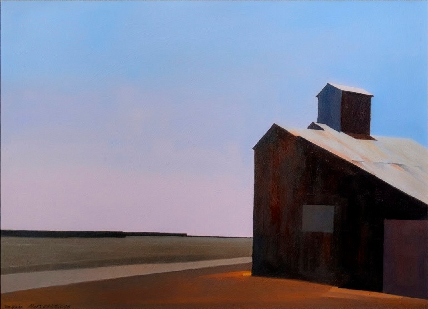 The Edge of Modern painting by American artist Dean Mitchell featuring a rural barn at twilight.