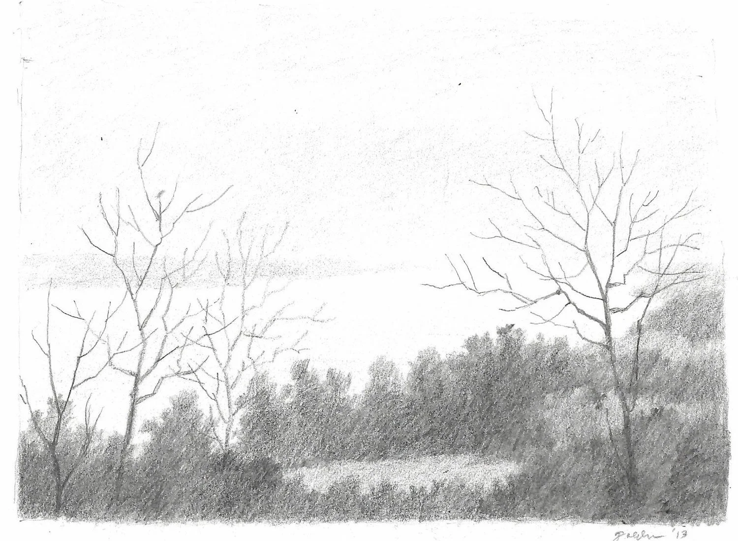  FOG ON THE MISSISSIPPI  (14" x 16")
 Pencil, framed. *SOLD*