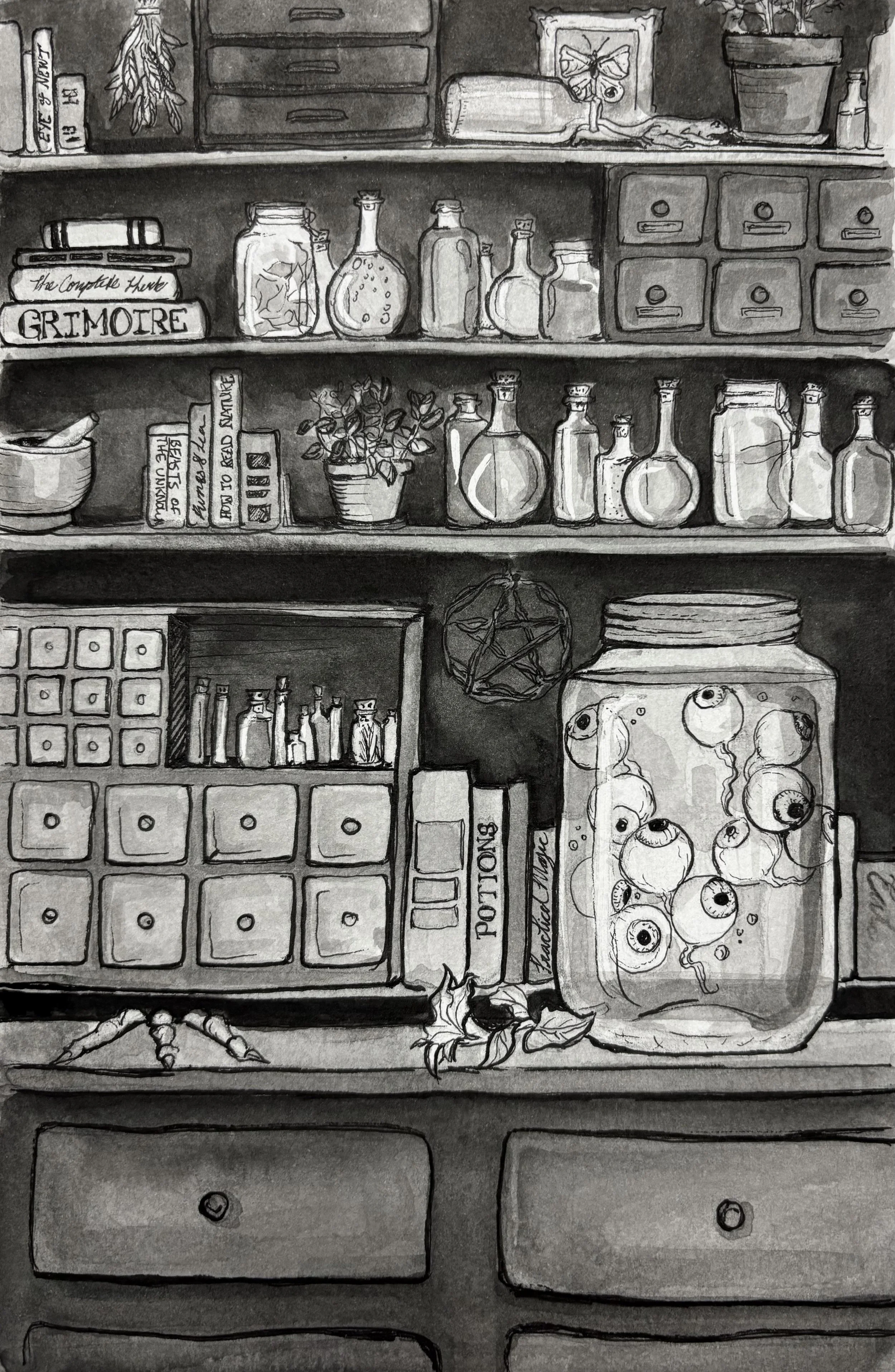 Pen and ink drawing of an apothecary crowded by bottles and drawers. In the foreground stands a jar of eyes.