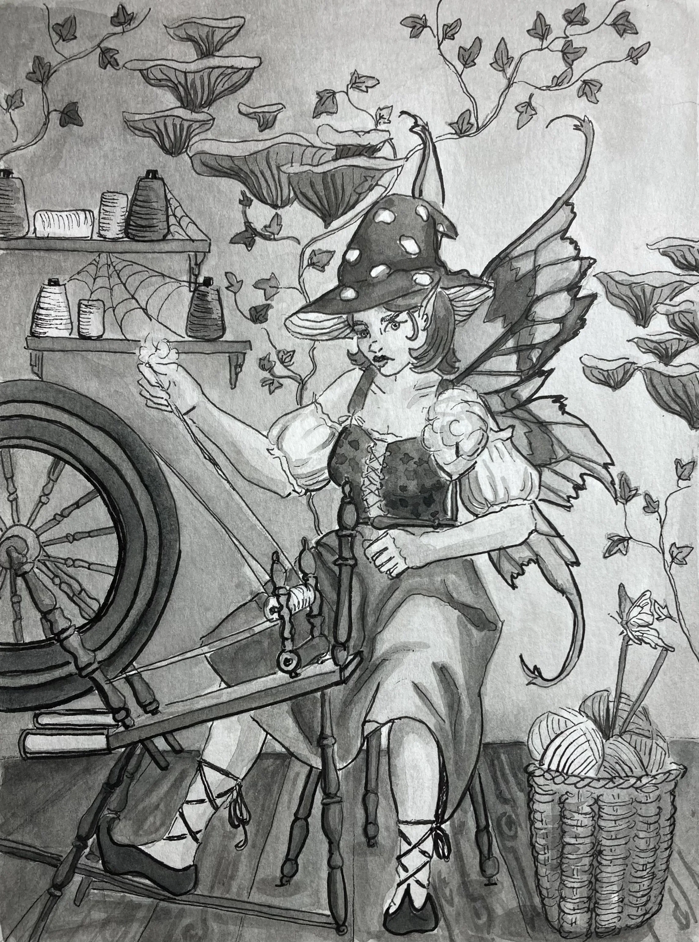 Pen-and-ink drawing of a fairy wearing a mushroom hat, spinning on a spinning wheel.