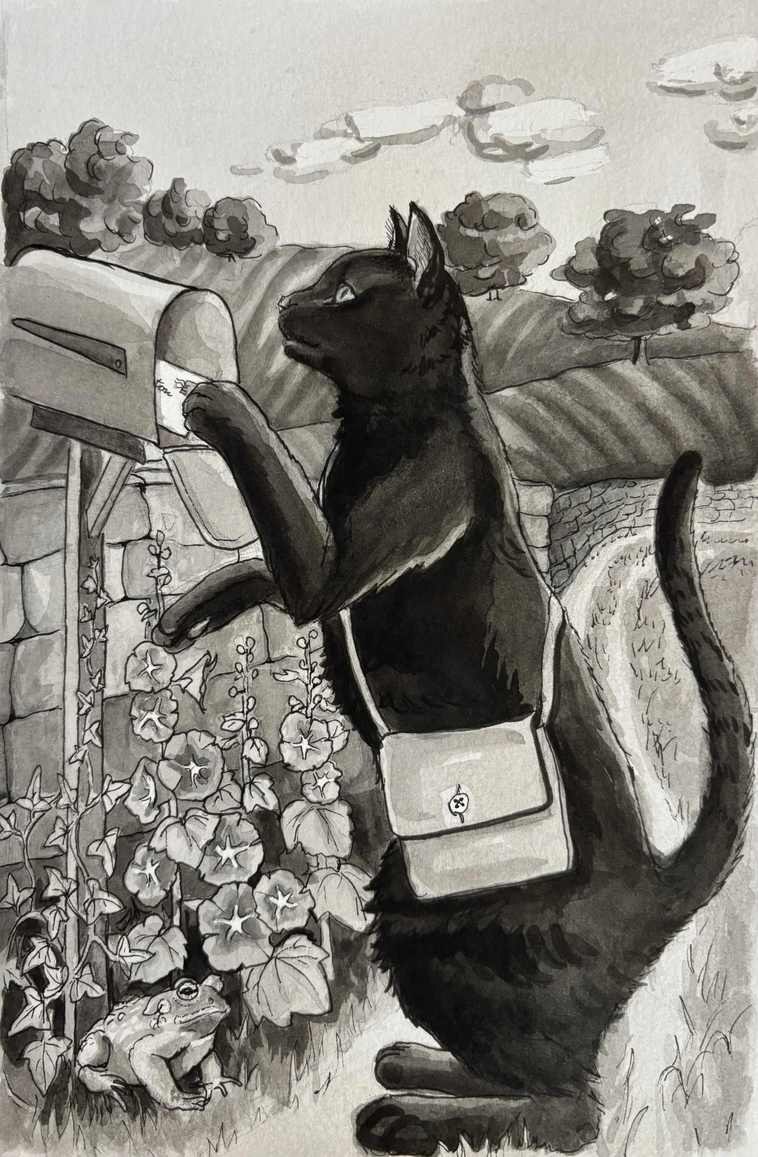 A black cat puts an envelope into a mailbox.
