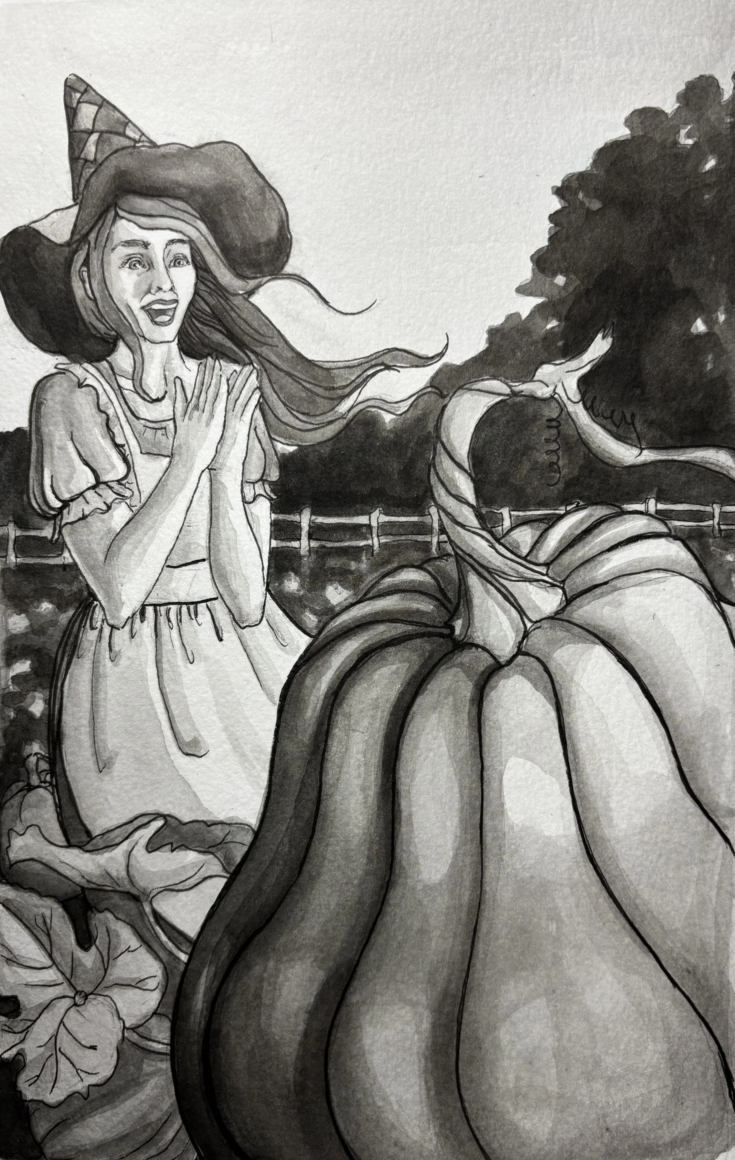 A witch claps her hands as she finds the perfect pumpkin in her garden.