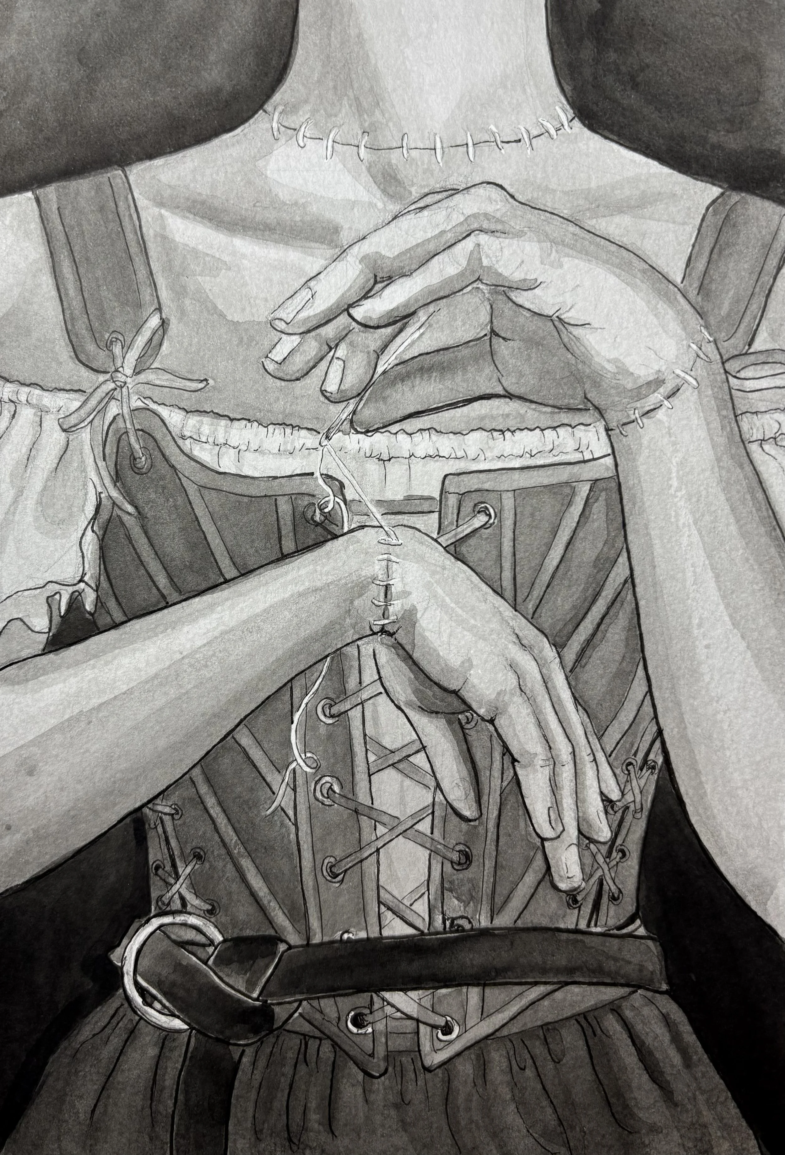 Pen and ink drawing of a woman's torso. The woman is stitching on one of her hands.