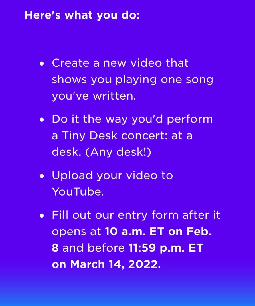[Screenshot from NPR&rsquo;s website]
Now seems like the perfect time to mention that NPR @tinydeskconcert submissions are open starting Tuesday. If you&rsquo;re looking to create a submission, I&rsquo;ll handle your #recording and #mixing needs. Let