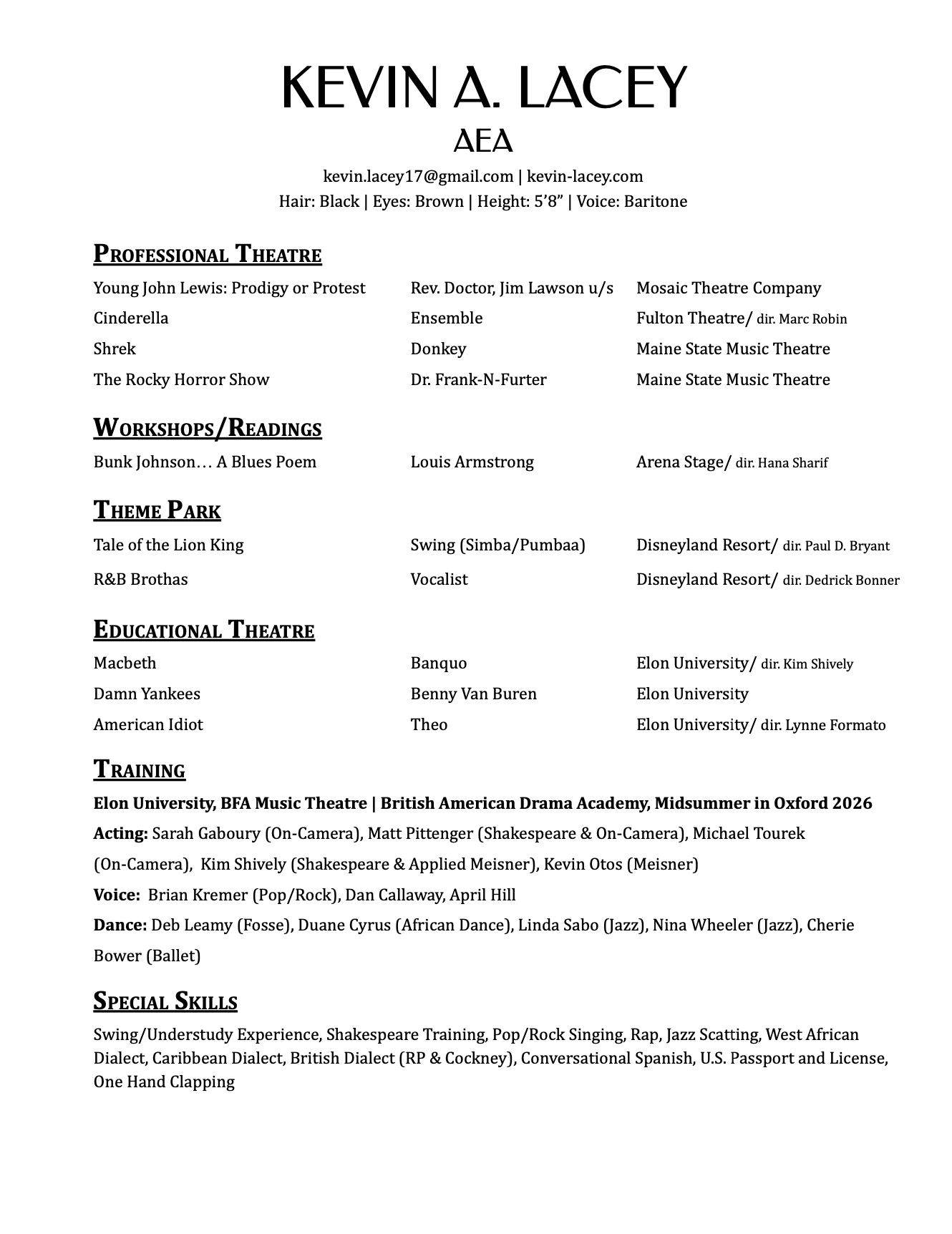 Kevin A. Lacey's Resume, noting his performance credits at theaters and performance venues across the U.S. including shows like Young John Lewis, Bunk Johnson at Arena Stage, the Rocky Horror Show at Maine State Music Theatre, and more.