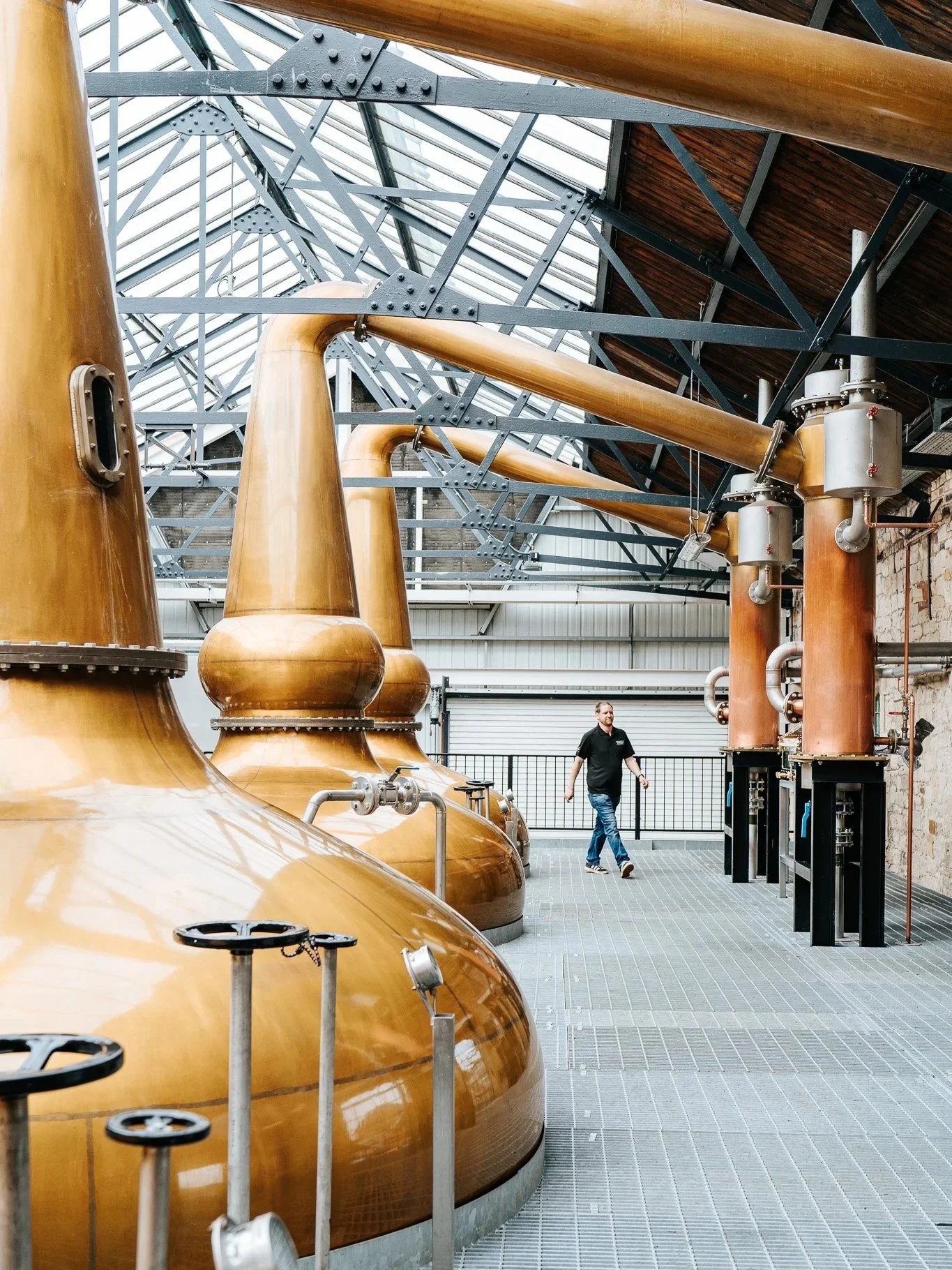 Interior of a distillery with large copper stills and a glass ceiling.