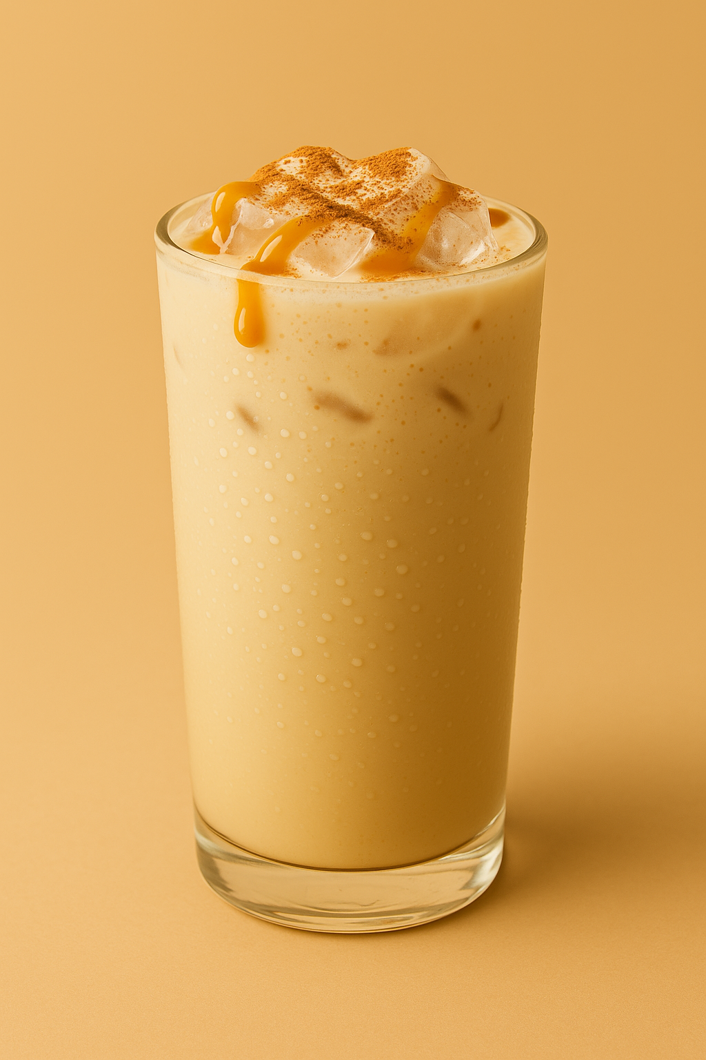 A tall glass of frothy iced coffee topped with whipped cream, caramel drizzle, and a dusting of cinnamon, against a yellow background. Headliner Coffee drink with White Coffee. Taste like Horchata.