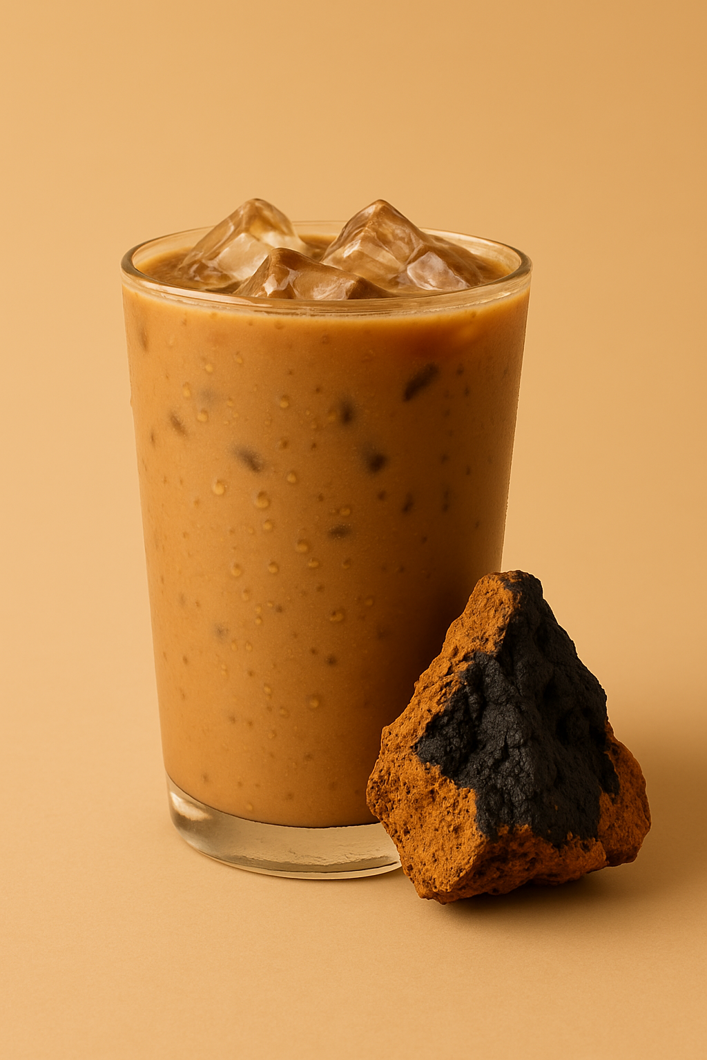 A glass of iced coffee with a brownish color and ice cubes on top, placed next to a piece of Chaga Mushroom on a beige background. Chagaccino Mushroom Coffee Drink.