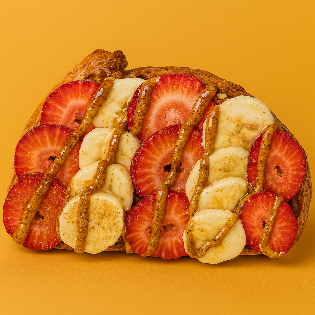 Strawberry Banana Toast with Almond Butter,Nutella, Strawberries, Banana, Honey Drizzle & Cinnamon
