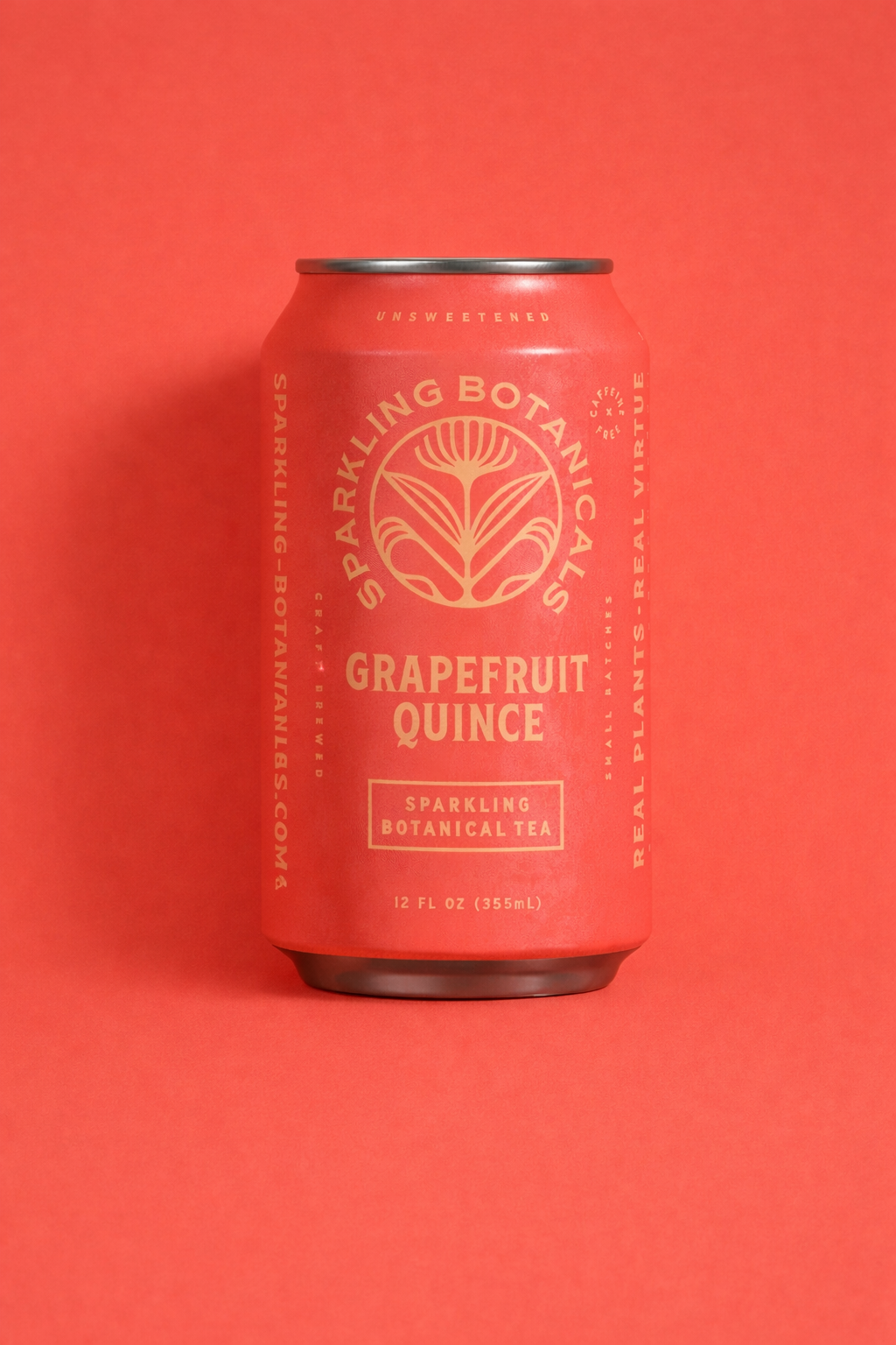 A can of Sparkling Botanical Tea with Grapefruit Quince flavor on a coral background.