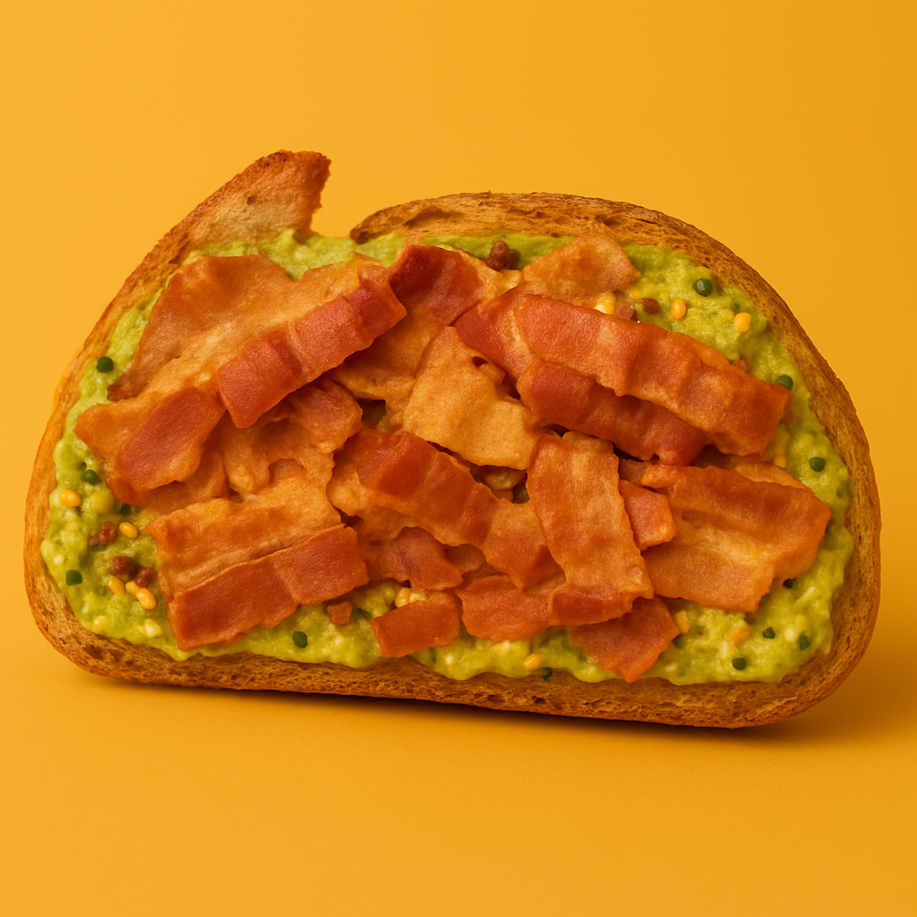 Avocado Bacon Toast with Bacon, Avocado, Cream Cheese, Everything Bagel Seasoning, Red Pepper Flakes & Limes.