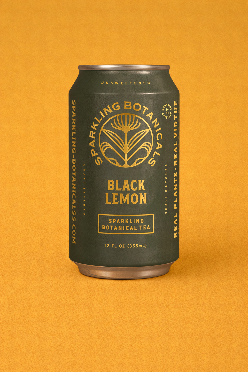 A can of Sparkling Botanical Tea in Black Lemon flavor with a dark green label, gold text and graphics, set against a bright orange background.