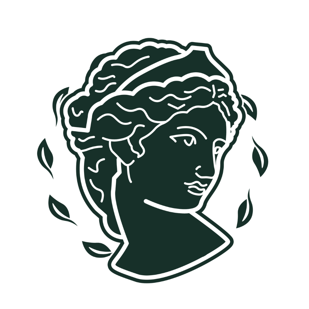 Line drawing of a woman's profile head with wavy hair, surrounded by leaves. Novel Coffee Co. Logo