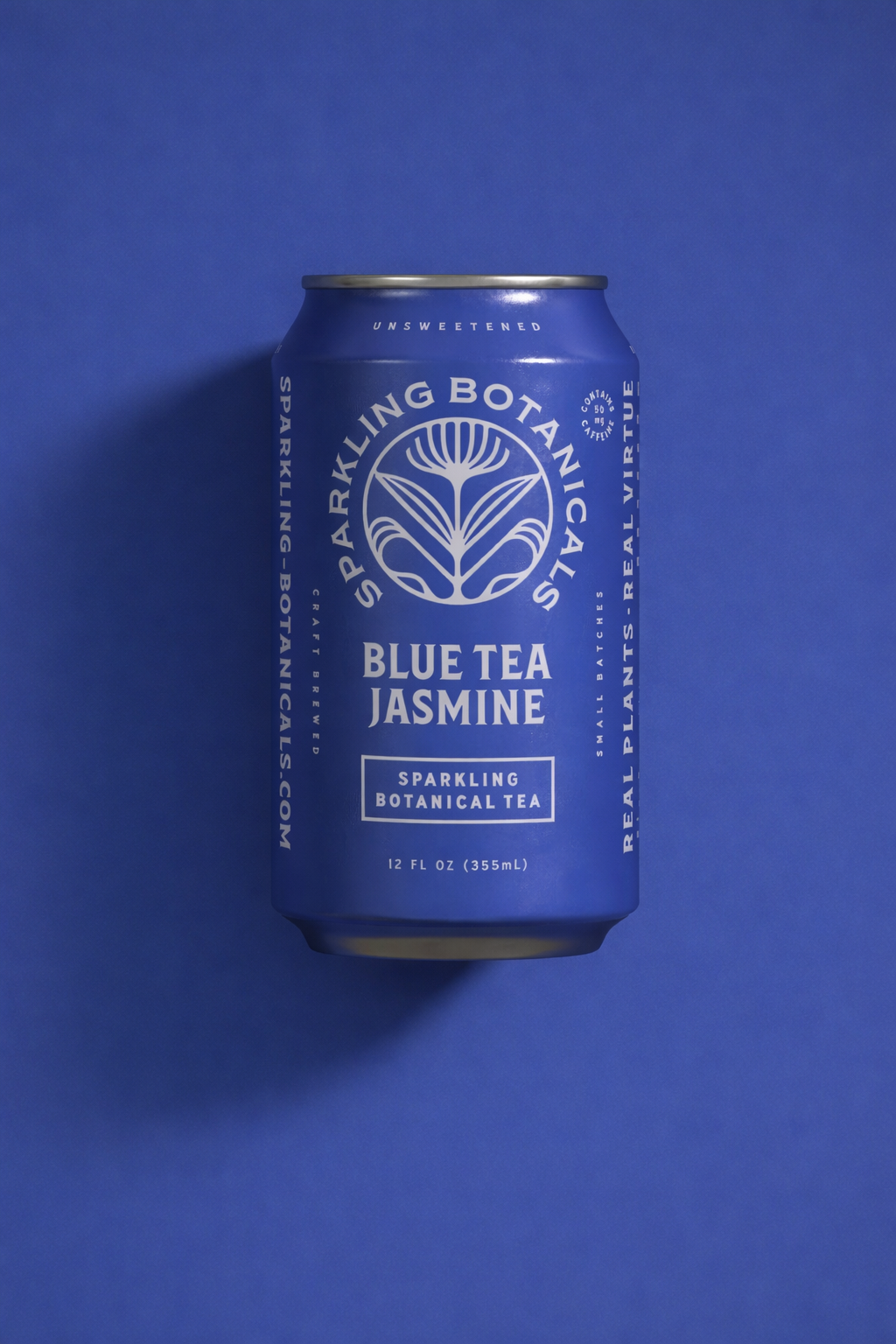 A blue can of Sparkling Botanical Tea with jasmine flavor by Sparkling Botanicals, set against a matching blue background.
