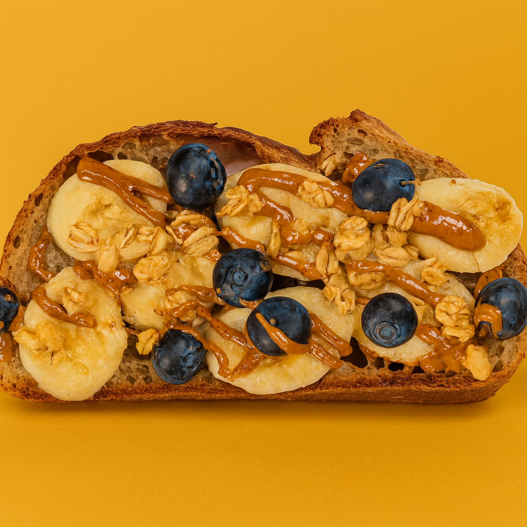 Avocado Bacon Toast with Almond Butter, Banana, Blueberry, Granola,