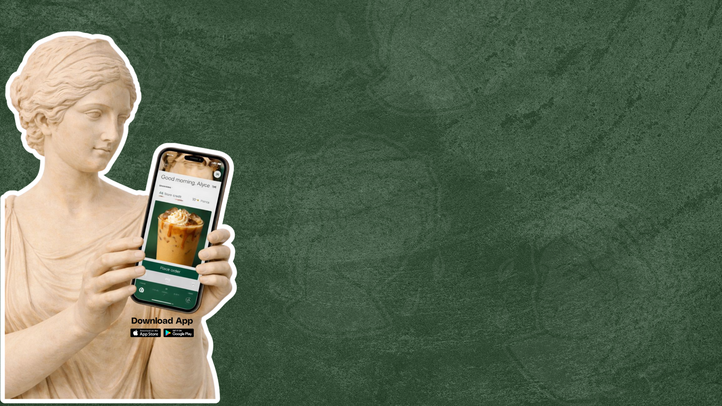 Statue holding an iphone with our new Novel Coffee App being displayed.