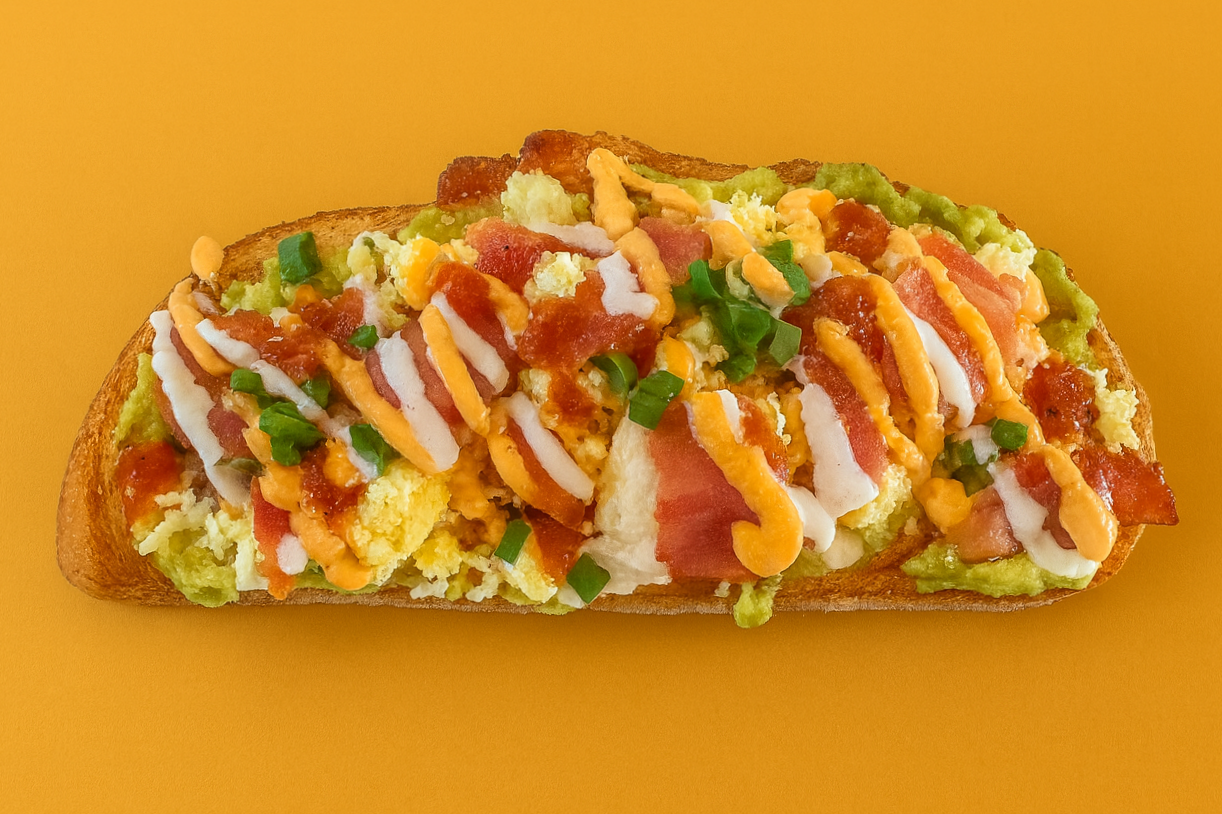 Avocado Bacon Toast with Grated Eggs, chive creme, & chipotle aioli