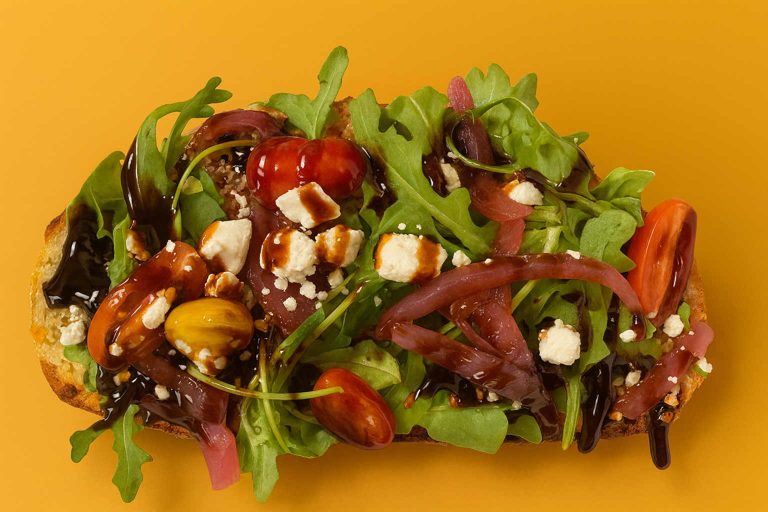 The Greek Toast with Avocado, Arugula, Cherry Tomatoes, Red Pepper Flakes, Feta Cheese, Red Onions, and Balsamic Glaze.
