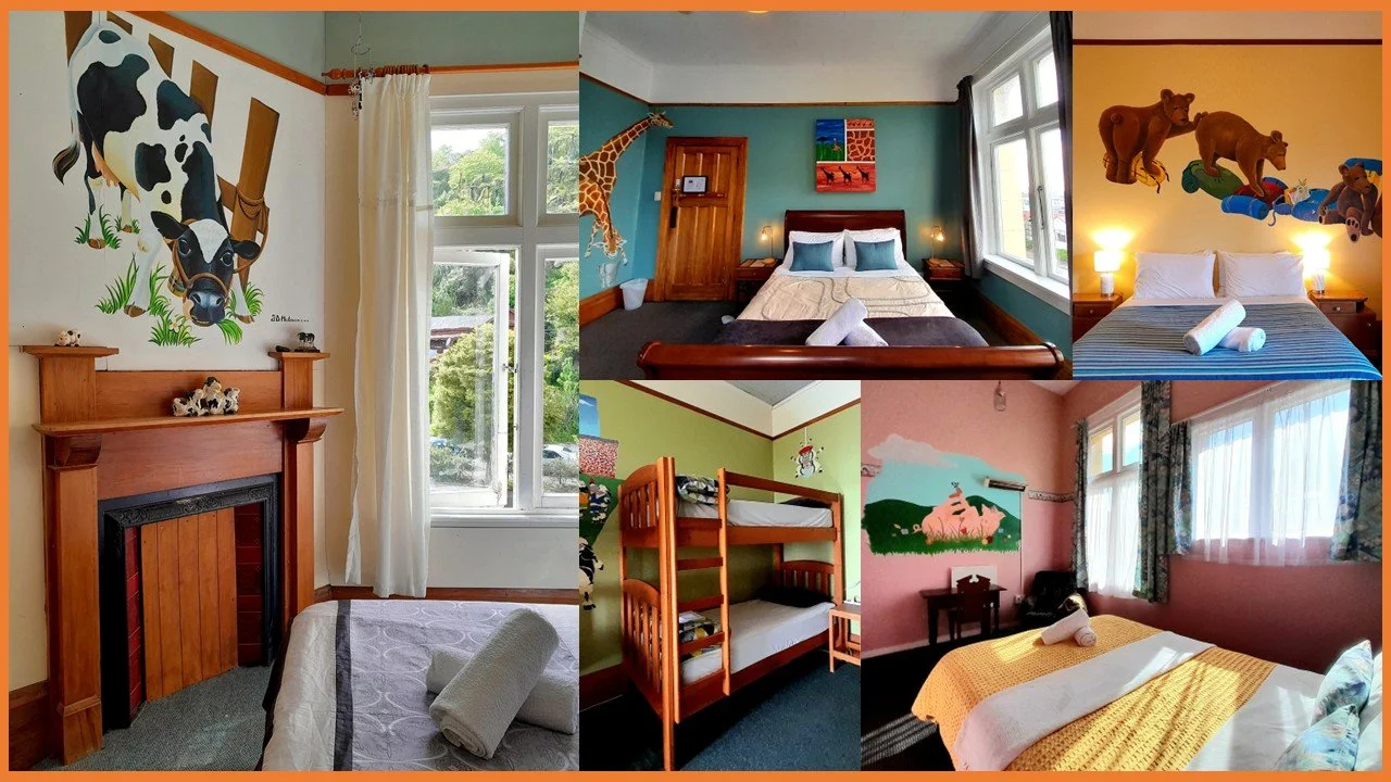 Animal themed bedrooms with wall murals, wooden beds, large windows.